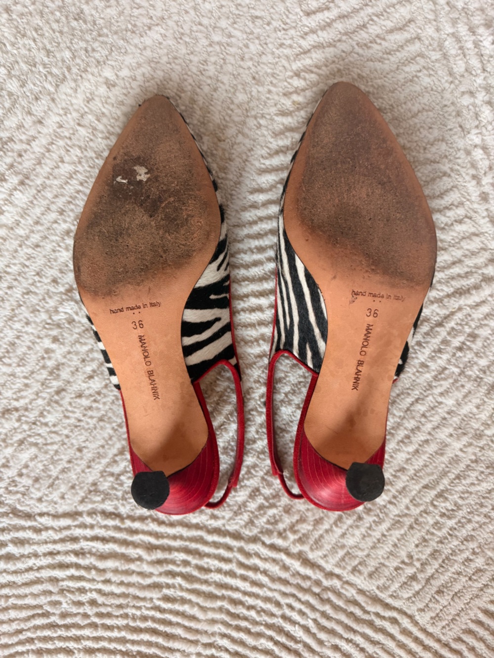 Vintage Manolo Blahnik Black-and-White Ponyhair Slingback Pumps with Red Trim - Picture 8 of 9